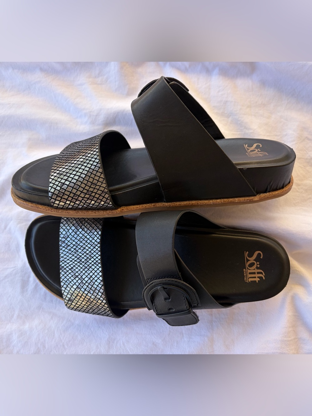 Sofft Women's Amalfi Black Leather Slide Wedge Sandals Sz 11M Velcro Strap NWOT